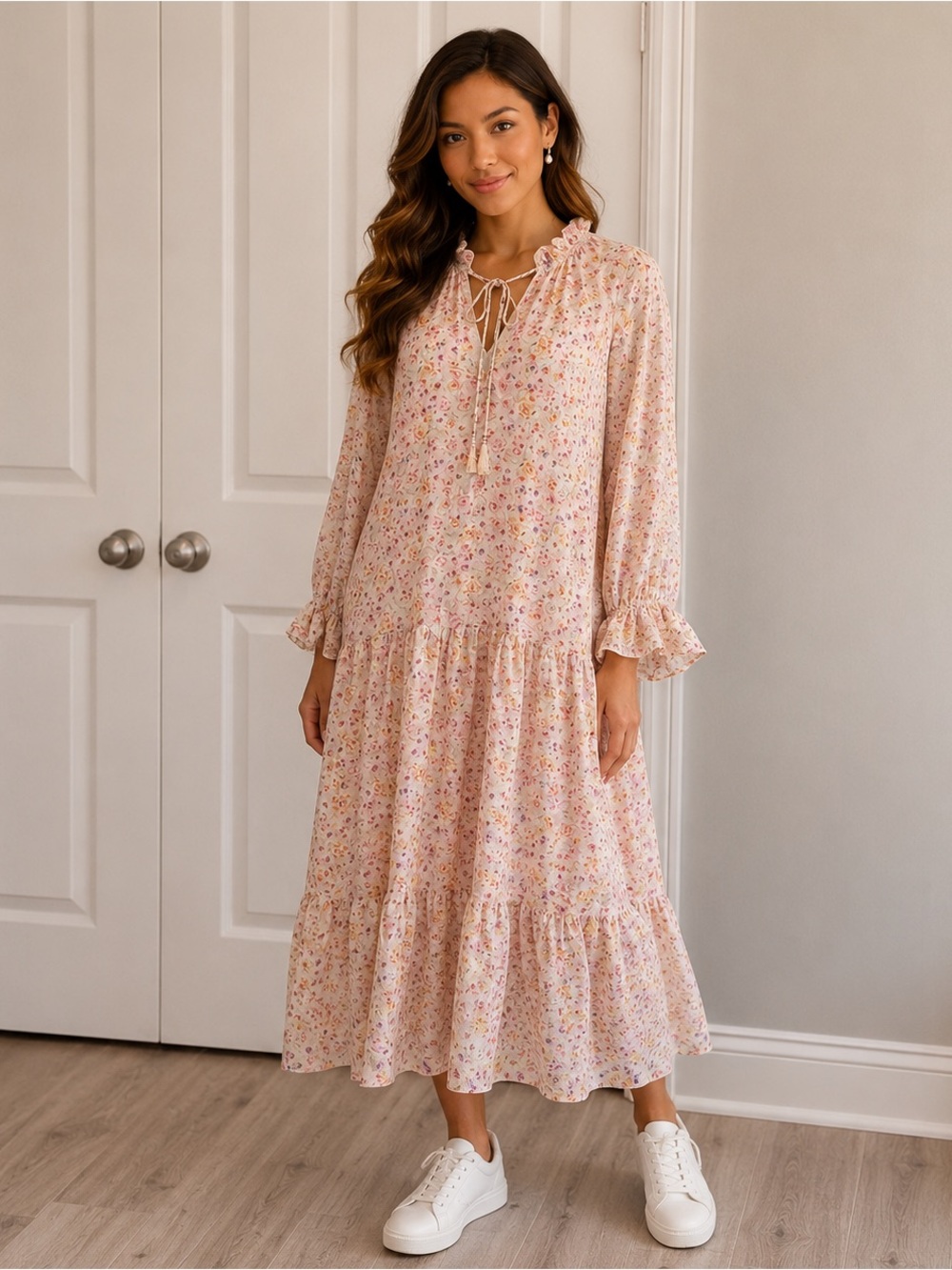 Listicle Blush Pink Floral Tiered Maxi Dress
